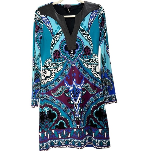 Hale Bob S Jersey Dress Faux Leather V Neck Purple Blue Turquoise NWT - Picture 5 of 16